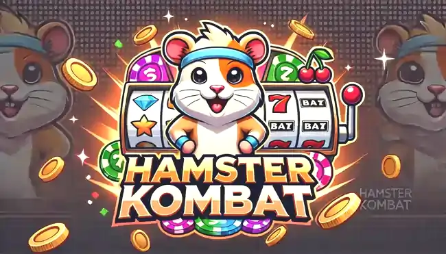 DALL·E 2024 09 23 17.33.41 A logo for Hamster Kombat featuring a playful cartoon hamster playing a slot machine. The hamster should be wearing a headband standing confidently 1 1