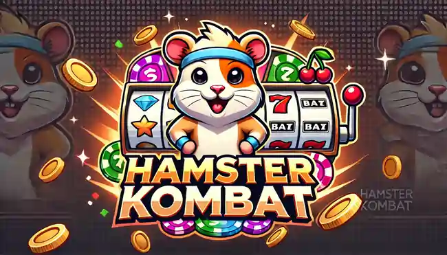 DALL·E 2024 09 23 17.33.41 A logo for Hamster Kombat featuring a playful cartoon hamster playing a slot machine. The hamster should be wearing a headband standing confidently 1